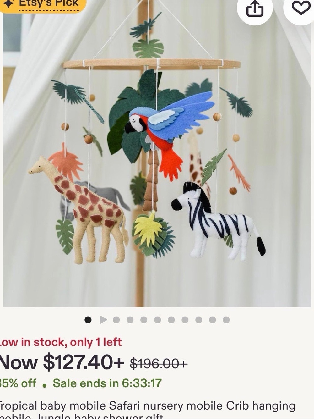 Handmade Safari Baby Mobile with Giraffe Zebra & Parrot